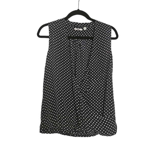 Uniqlo 100% silk polka dot navy blue sleeveless faux wrap top - Picture 1 of 4